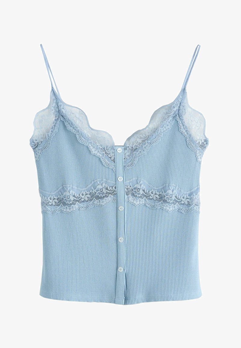 Jasnoniebieska prążkowana kamizelka z kwiatową koronką przy dekolcie i talii, cienkie ramiączka oraz zapięcie na guziki z przodu.