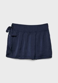 Mini-jupe bleu marine avec une large ceinture smockée et un nœud à nouer sur le côté gauche, confectionnée dans un tissu léger texturé.
