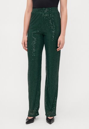 Grønne pailletbukser med lige ben-design og elastisk talje. Stoffet har en struktureret overflade med glitrende detaljer.