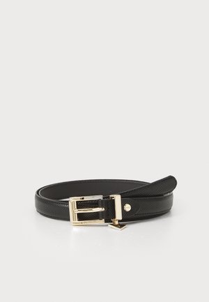 Black leather belt with a textured finish, featuring a gold metal buckle and a square prong. Simple design with a smooth edge.