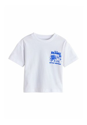 Weißes Kurzarm-T-Shirt mit blauen Cartoon-Charakteren von Toast und Bohnen sowie dem Text "Voll von Bohnen, zusammen besser" auf der linken Brust.