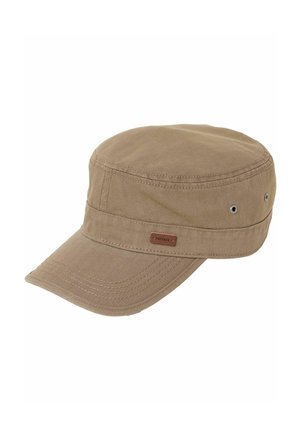 Beige Baumwoll-Militärkappe mit kurzem, gebogenem Schirm, seitlichen Belüftungsösen und kleinem Lederetikett am Band.