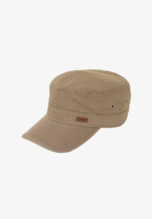 Beige Baumwoll-Militärkappe mit kurzem, gebogenem Schirm, seitlichen Belüftungsösen und kleinem Lederetikett am Band.