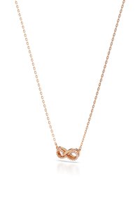 Roségold-Infinity-Halskette mit einer zarten Kette; der Anhänger verfügt über ein gedrehtes Design, das mit kleinen, funkelnden Akzenten verziert ist.