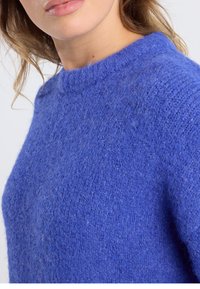 Blauer, gestrickter Pullover mit strukturierter Oberfläche, Rundhalsausschnitt und langen Ärmeln. Hergestellt aus weichem, flauschigem Garn.