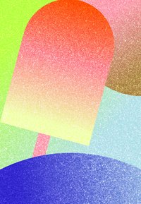 Színes absztrakt dizájn, amely egy vörös, narancs és rózsaszín árnyalataiból álló gradient popsicle alakot ábrázol, egy zöld, kék és sárga texturált háttér előtt.