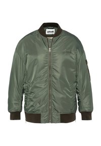Bomberjacke in Olivgrün, aus glänzendem Stoff, mit einem Reißverschluss vorne, gerippten Bündchen und Saum sowie einer Seitentasche mit Reißverschlussdetails.