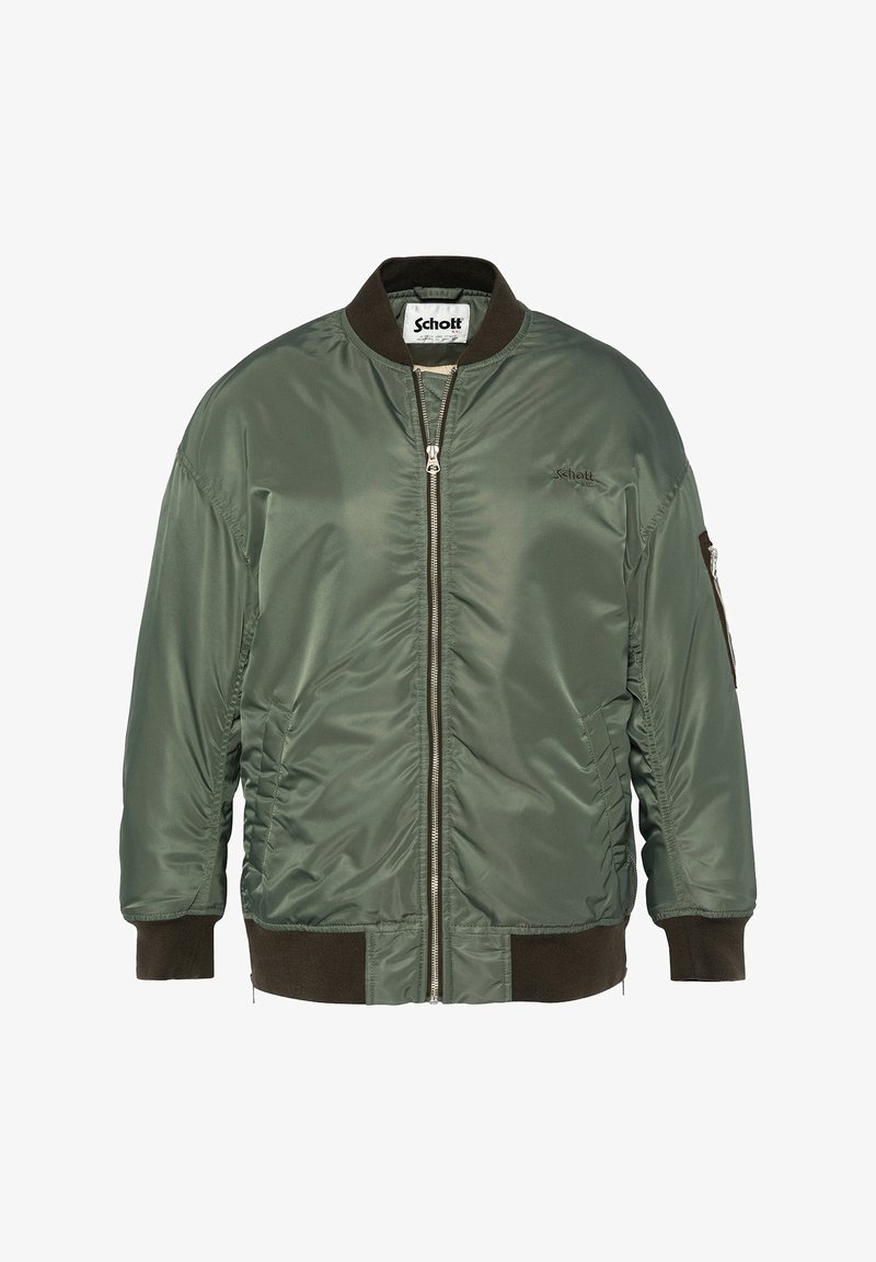 Bomber jacket in olive green, made of shiny fabric, with a zip front, ribbed cuffs and hem, and a side pocket with zipper detail.