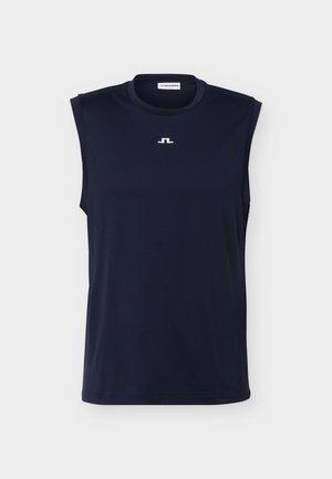 Canotta sportiva blu navy senza maniche con scollo tondo e piccolo logo bianco centrato sotto il collo.