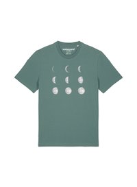 Grünes Baumwoll-T-Shirt mit einer Grafik der Mondphasen in Weiß. Kurzärmlig, Rundhalsausschnitt, weicher Stoff und entspannte Passform.