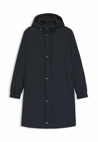 Abrigo de invierno negro hasta la rodilla con capucha, botones a presión en la parte delantera, bolsillos laterales y puños elásticos en las mangas largas.