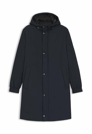 Musta polvipituinen talvitakki hupulla, edessä painonapit, sivutaskut ja pitkien hihojen joustavat hihansuut.