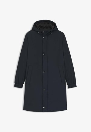 Cappotto invernale nero fino al ginocchio con cappuccio, bottoni a pressione frontali, tasche laterali e polsini elasticizzati sulle maniche lunghe.