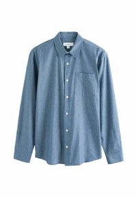 Camicia con bottoni in tessuto blu con strisce verticali bianche. Presenta un colletto, maniche lunghe e una tasca sul petto. Tessuto liscio.