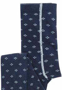 Calze blu navy alte fino al ginocchio, realizzate in tessuto morbido, con un motivo a rombi bianchi ripetuto e una cucitura leggera azzurra in contrasto.
