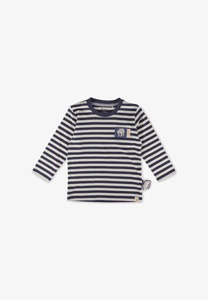 Gestreift langärmeliges Hemd in Marineblau und Creme mit einer quadratischen Brusttasche, die ein Elefantendesign aufweist, sowie einem Etikett an der Seite. Aus weichem Baumwollmaterial.