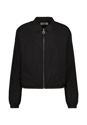 Schwarze, kurze Jacke aus leichtem Stoff mit Kragen, Frontreißverschluss, elastischen Bündchen und gerafftem Saum. Glatte Textur.