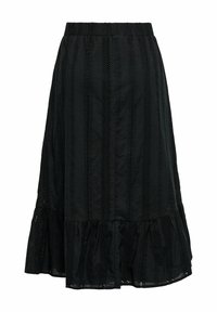 Jupe midi noire avec des bandes de dentelle verticales et un ourlet à volants, dotée d'une ceinture élastique pour un confort optimal.