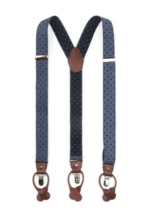 Marineblauwe bretels met een stippenpatroon, voorzien van leren accenten en metalen clips voor bevestiging. Textiel met een gestructureerde stof en een Y-vormig ontwerp.