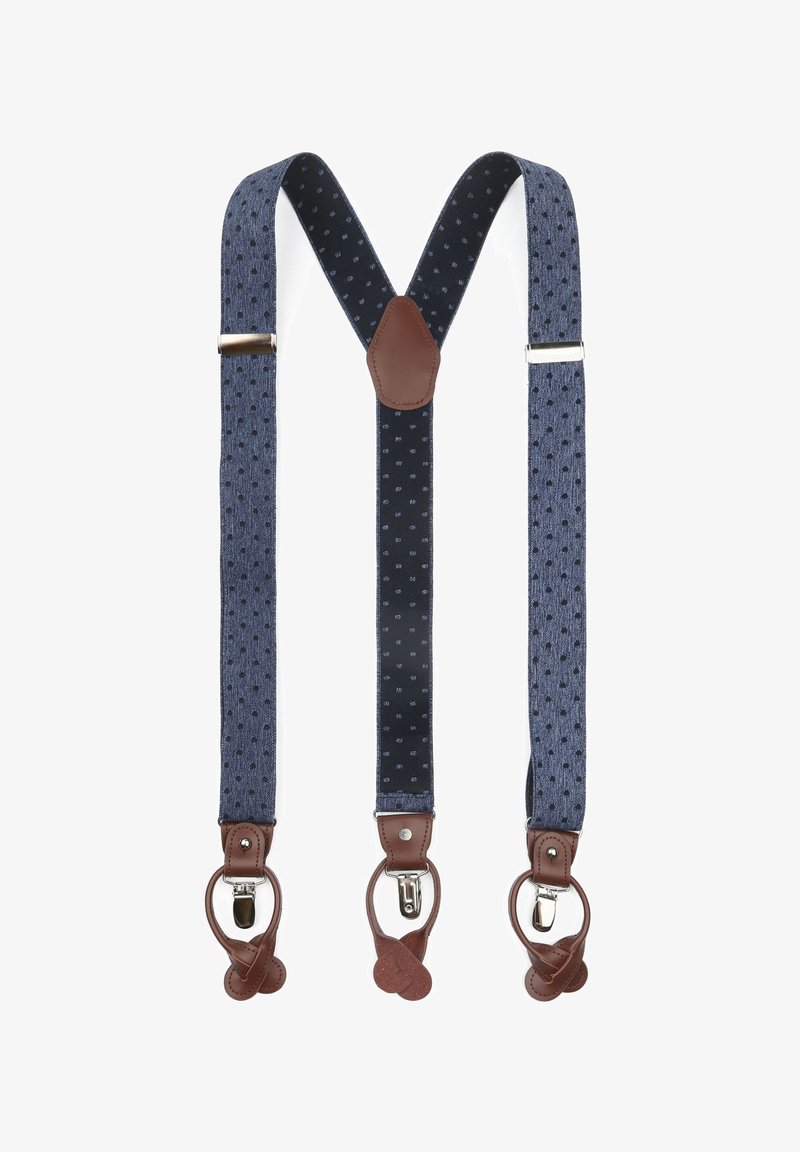 Marineblauwe bretels met een stippenpatroon, voorzien van leren accenten en metalen clips voor bevestiging. Textiel met een gestructureerde stof en een Y-vormig ontwerp.