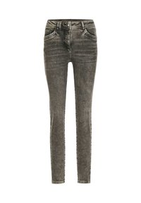 Vervaagde zwarte skinny jeans met voorzakken, riemlussen en knoopsluiting, plat weergegeven tegen een witte achtergrond.