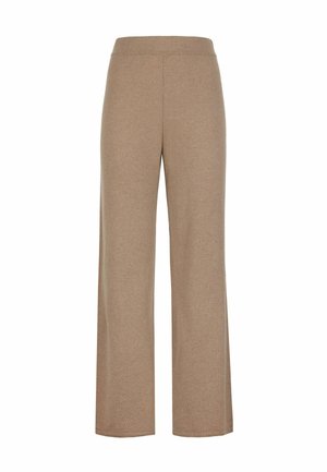 Weite Hose aus einem weichen, hellbraunen Stoff. Sie hat einen elastischen Bund und ein minimalistisches Design ohne sichtbare Taschen oder Muster.