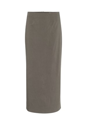 Knee-length pencil skirt muted oliivrohelises, valmistatud siledast kangast otse lõikega, tagaküljel on diskreetne tõmblukk ja minimaalne detailide hulk.