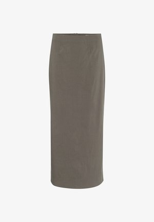Knee-length pencil skirt in muted olive green, made from a smooth fabric with a straight cut, featuring a discreet back zipper and minimal detailing.
