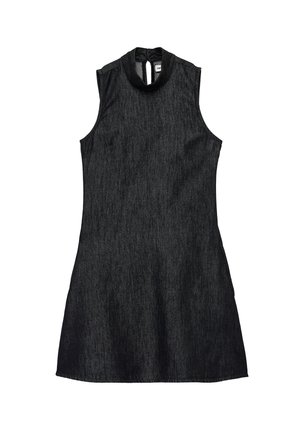 Mouwloze donkergrijze denimjurk met hoge kraag en knoopsluiting aan de achterkant in een sleutelgatvorm, A-lijn silhouet.