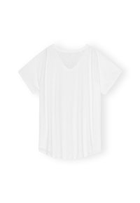 T-shirt bianco a maniche corte con vestibilità rilassata, realizzato in tessuto leggero. Presenta un collo a giro e un orlo leggermente curvo.