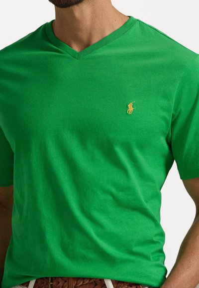 Zaļš V-veida krekls, kas izgatavots no mīksta kokvilnas auduma, ar mazu zeltītu izšuvumu uz krūtīm. Gluda tekstūra un ikdienišķa piegriezne.