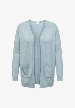 Cardigan aperto azzurro chiaro con maniche lunghe, due tasche frontali e polsini e orlo a coste.