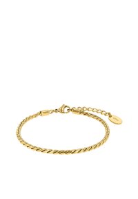 Pulsera de cadena de oro con un diseño retorcido, textura suave y un cierre de langosta con una cadena ajustable y una pequeña etiqueta.