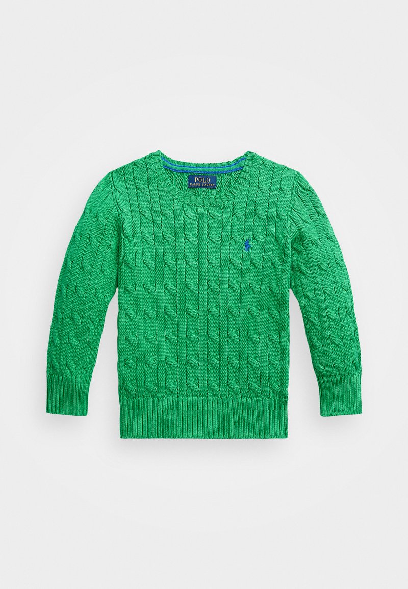 Zeleni džemper od pletenine s okruglim izrezom i rebrastim manžetama i donjim dijelom. Ima mali logo s lijeve strane. Izrađen je od teksturiranog materijala.