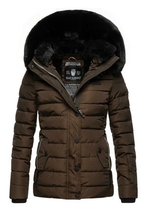 Brown puffer jacket with a black faux fur-lined hood. Features zipped and buttoned pockets, quilted texture, and a logo patch.