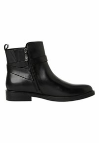 Stivale ankle in pelle nera con zip laterale, texture liscia e tacco basso a blocco. Le cinghie decorative creano un design elegante.