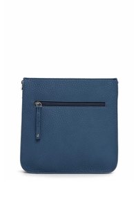 Borsa in pelle blu navy con finitura testurizzata. Presenta una tasca frontale con zip e bordi lisci. Forma rettangolare compatta.