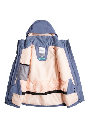 Veste pour fille Roxy avec un extérieur bleu et un intérieur rose clair. Comprend une capuche, des poches intérieures et un bandeau élastique noir au bas.