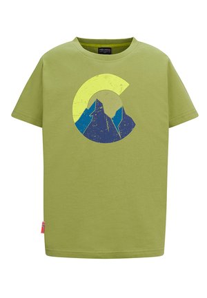 Light green short-sleeve t-shirt with a circular graphic of blue mountains and a yellow crescent shape on the chest.