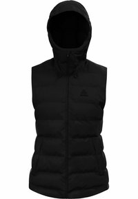 Schwarze ärmellose Steppweste mit Kapuze, ausgestattet mit einem Reißverschluss vorne und zwei seitlichen Taschen. Glatte Textur mit gestepptem Design.