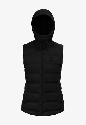 Schwarze ärmellose Steppweste mit Kapuze, ausgestattet mit einem Reißverschluss vorne und zwei seitlichen Taschen. Glatte Textur mit gestepptem Design.