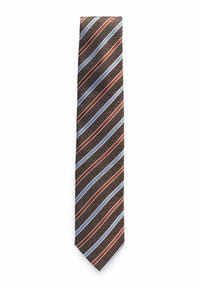 Brun silkbindel med diagonala ränder i ljusblått och rostbrunt. Texturen är slät med en subtil lyster. Spetsig toppdesign.