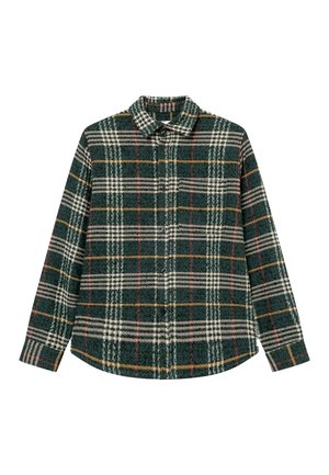 Chemise à manches longues boutonnée avec un motif à carreaux vert, blanc, jaune et rouge et un col pointu.