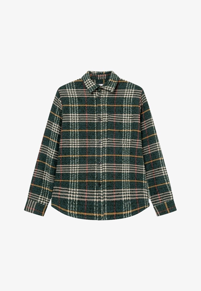 Chemise à manches longues boutonnée avec un motif à carreaux vert, blanc, jaune et rouge et un col pointu.