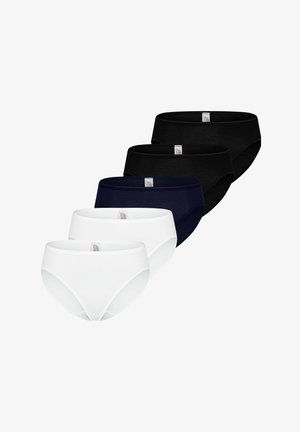 Fünf Baumwollslips in Schwarz, Marineblau und Weiß, diagonal angeordnet mit sichtbaren Größenetiketten auf den Bündchen.