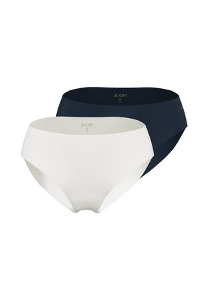 Zwei nahtlose Damen-Slips mit mittlerer Bundhöhe, einer in Weiß und einer in Dunkelblau, beide mit dem Etikett JOOP! Größe M (38), vor weißem Hintergrund gezeigt.