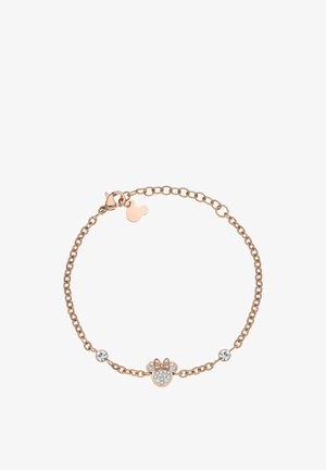 Bracelet en or rose avec un design de chaîne simple. Présente un charm en forme de tête de souris scintillant avec un nœud et deux pierres claires en accent. Fermeture à clip en forme de homard.