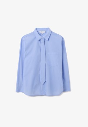 Lichtblauw gestreept overhemd met lange mouwen, een kraag, een borstzak en een bijpassende stropdas. Zachte stof met een gladde textuur.
