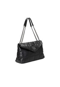 Borsa a tracolla in pelle trapuntata nera con chiusura a patta, duplice catena e tracolla in pelle, con un accento a logo circolare sul fronte.