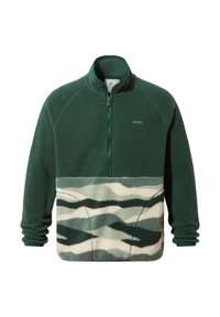 Fleece pullover in dark green with half zip. Features a patterned chest panel in light green and dark green wave print. Soft texture.